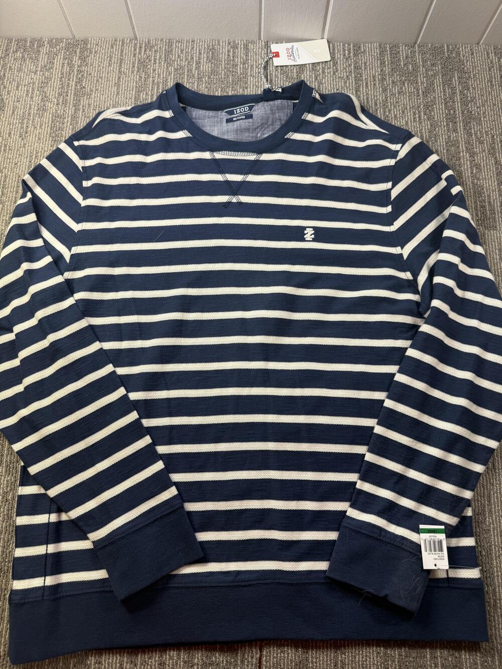 IZOD Sweater Mens Large Blue Stripe Cotton Crewneck Pullover Saltwater Casual